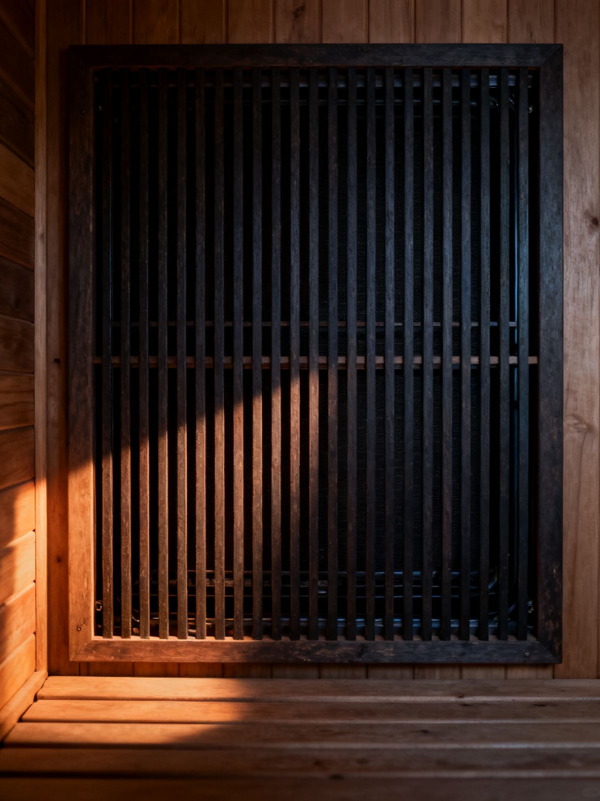 Nahaufnahme eines Infrarot-Flächenstrahlers hinter einem Holzgitter