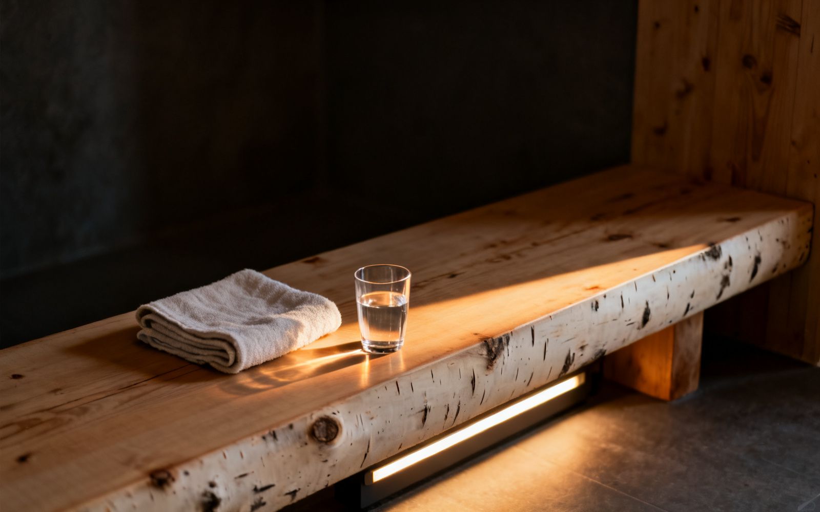 Gefaltetes Handtuch und ein Glas Wasser auf einer Holzbank im warmen Licht