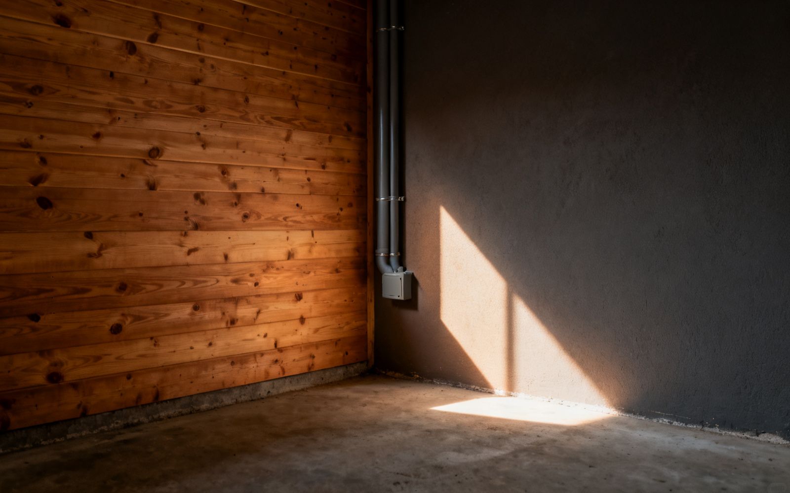 Leere Kellerecke mit Holzwand, Zollstock und Anschlussdose an der Wand