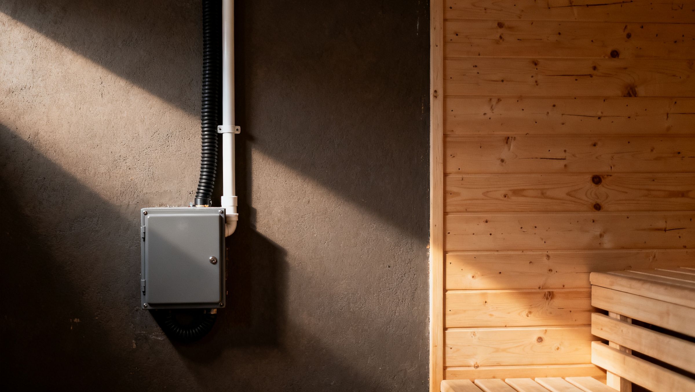 Stromzähler und Sicherungskasten in einem Kellerraum, daneben eine Holzwand